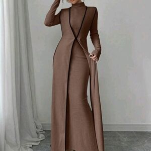 2pc Set: Knitted Velvet Ribbed High Collar Long Colorblocked Hem Dress